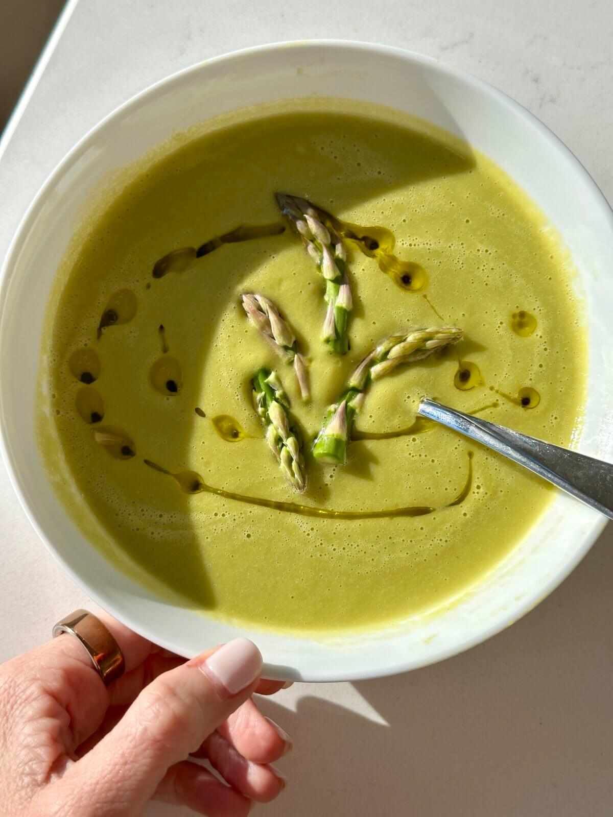 Recipe testing the asparagus soup recipe in my kitchen.
