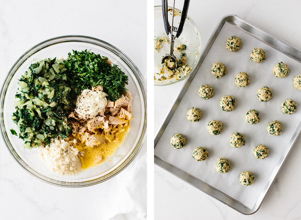 Tuna meatballs ingredients in a bowl and in balls on a baking sheet.