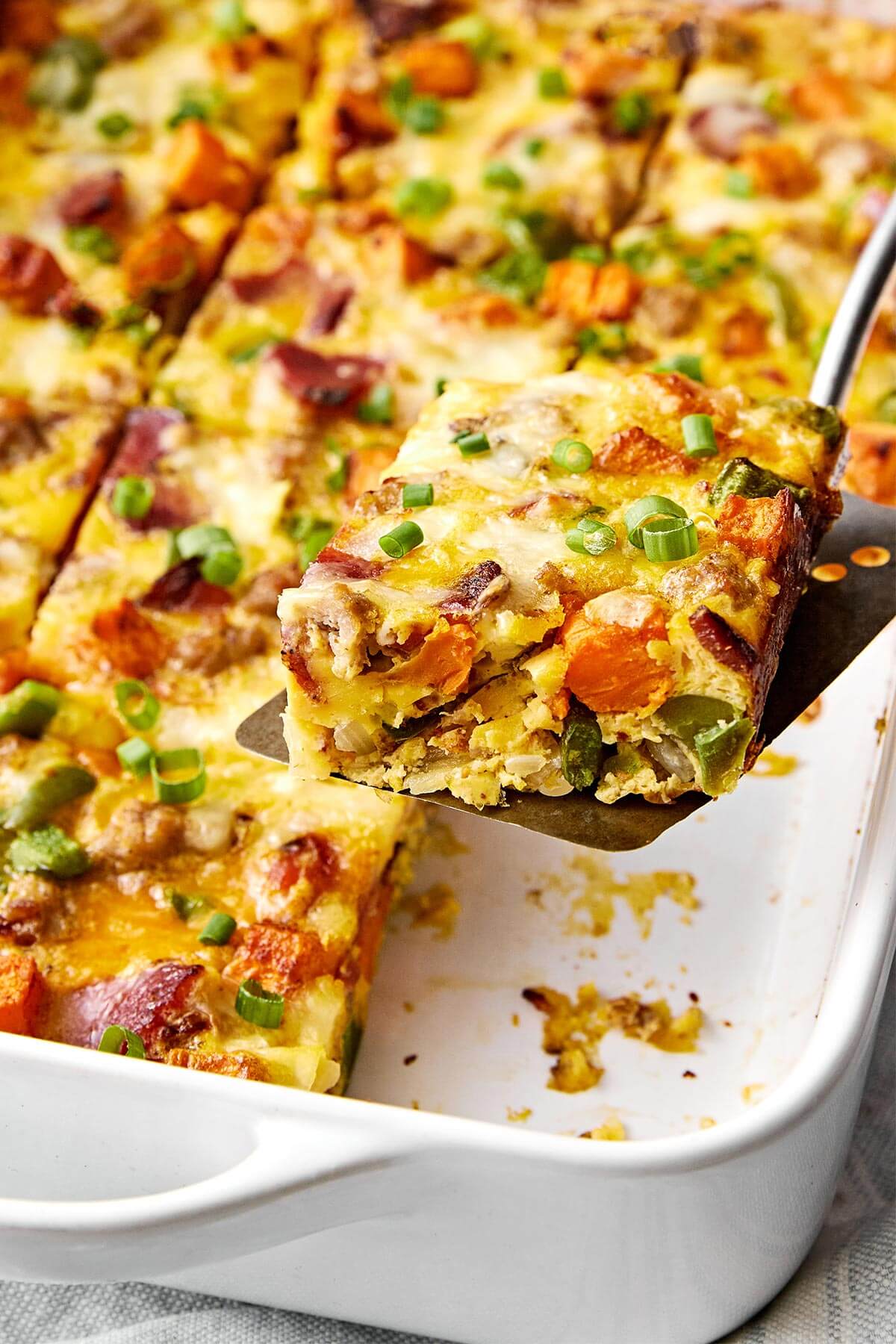A slice of breakfast casserole.