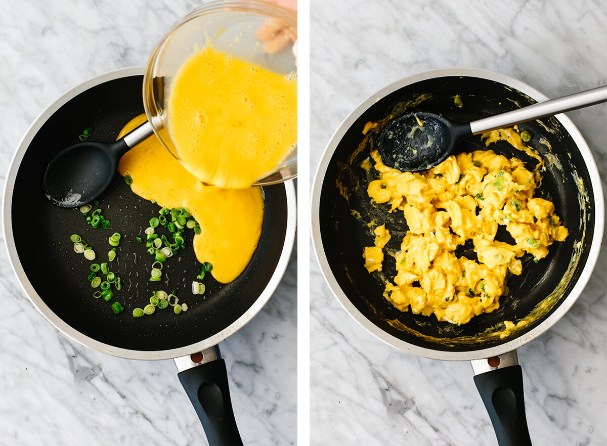 Scrambling eggs in a pan for breakfast tacos.