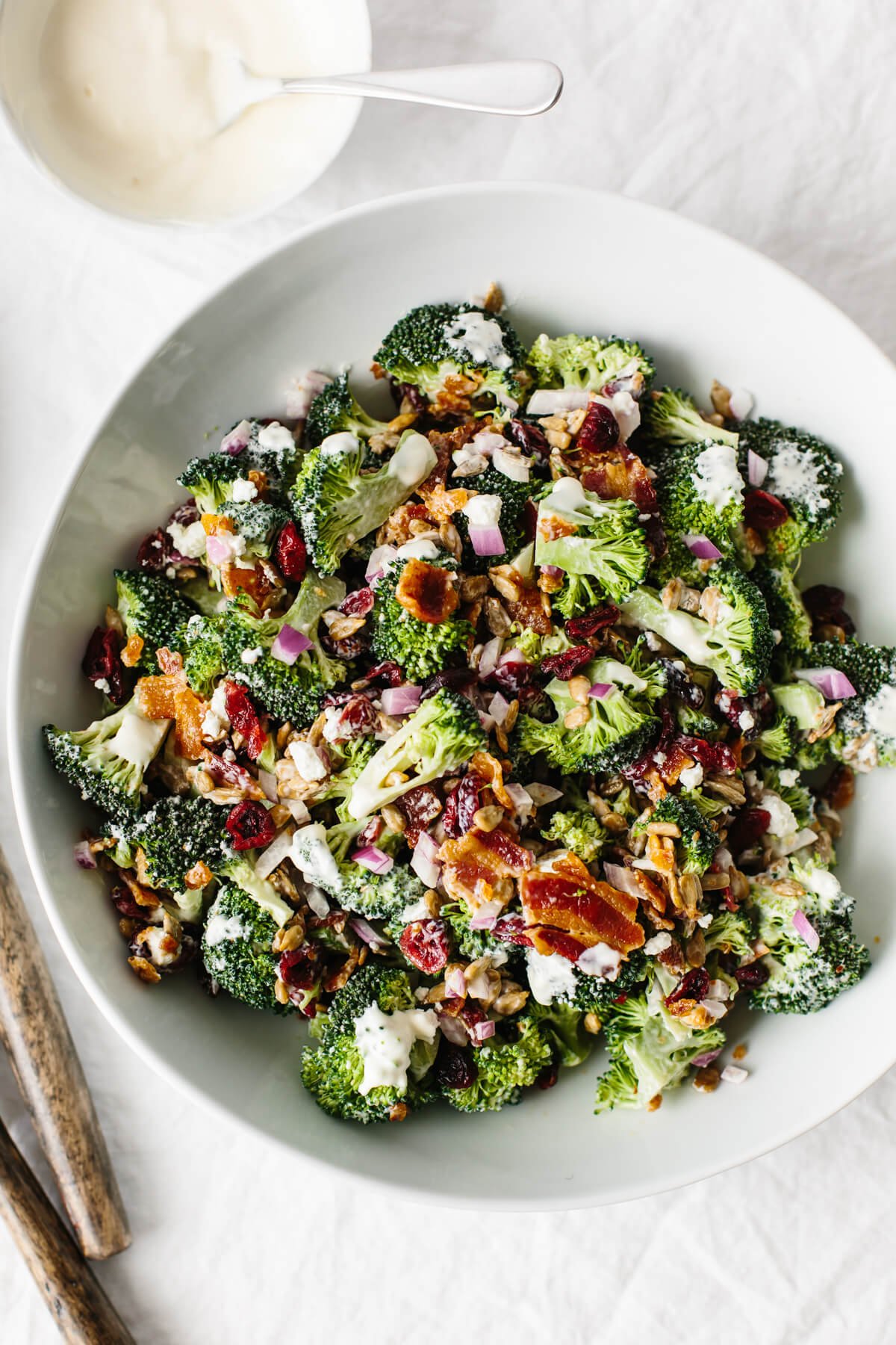 A large bowl of broccoli salad