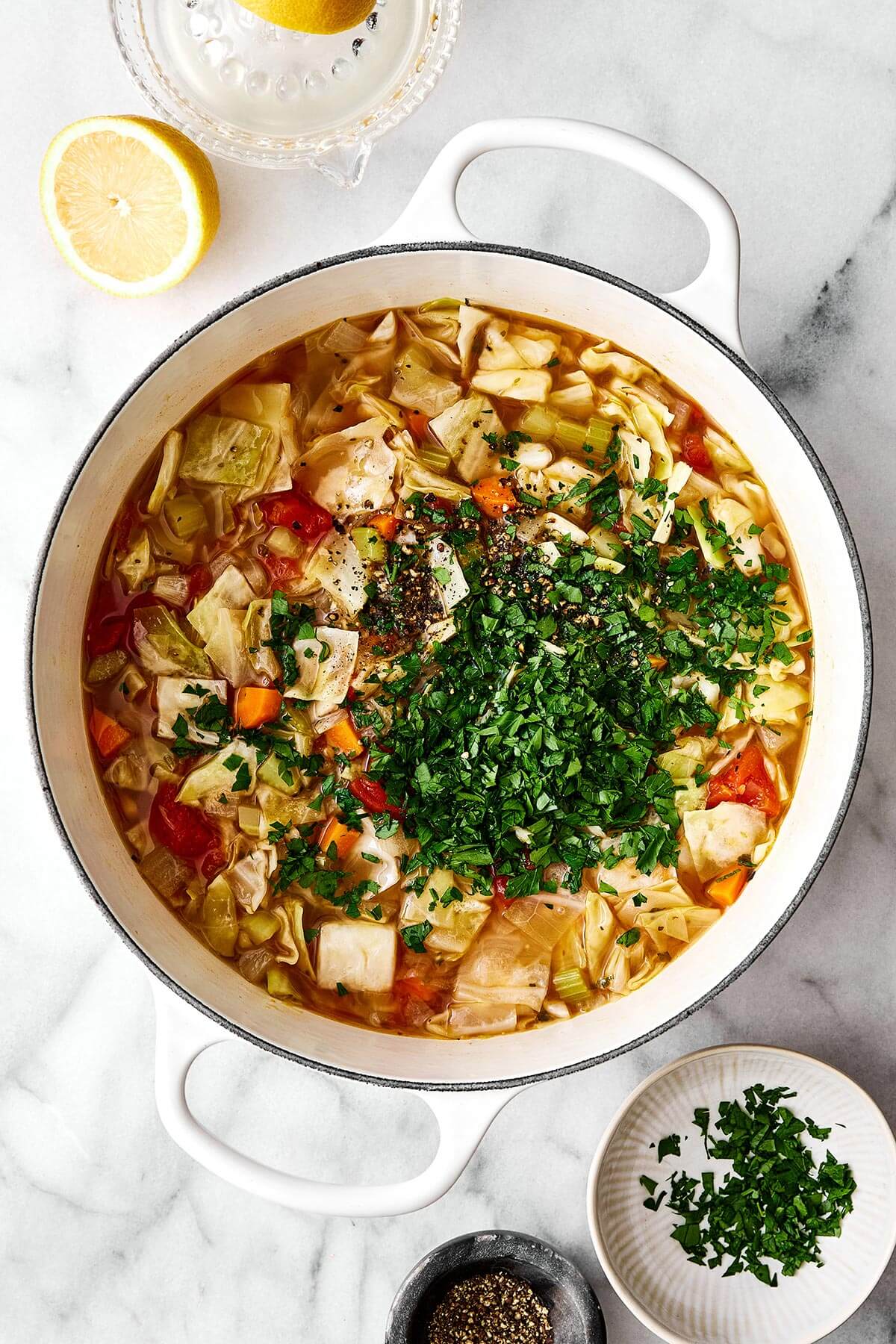 Cooking cabbage soup in a pot.