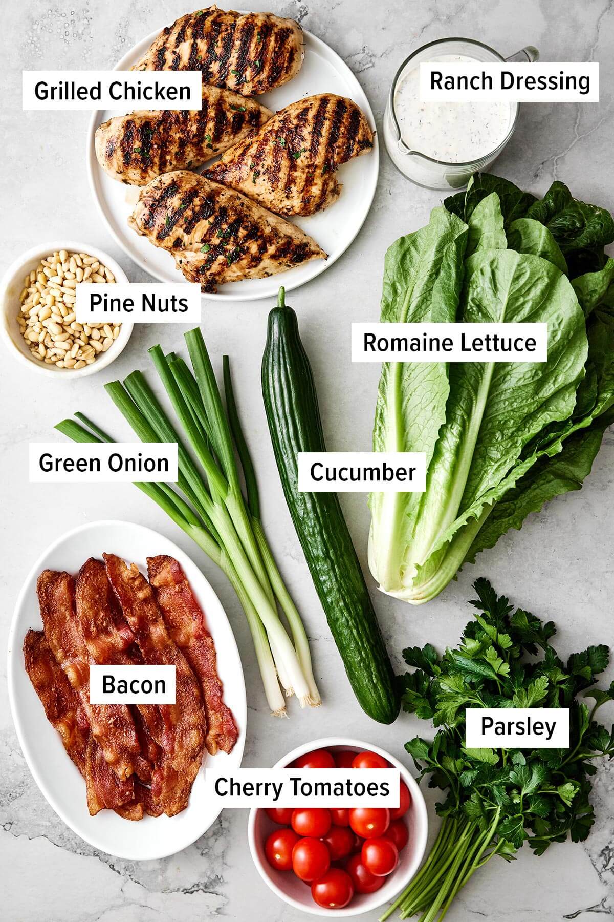 Ingredients for chicken bacon ranch chopped salad.