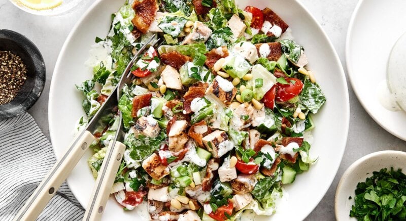 Chicken bacon ranch chopped salad in a bowl.