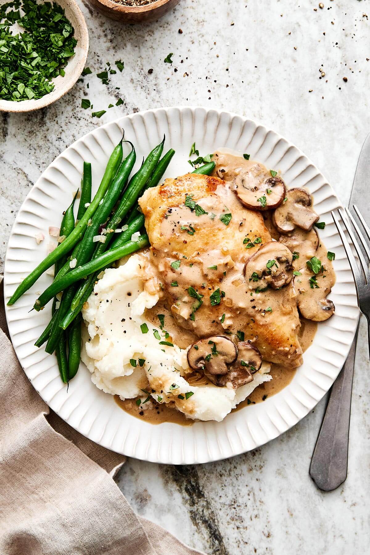 Chicken Marsala with mashed potatoes.