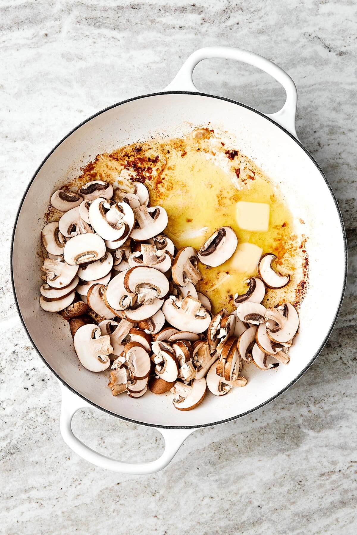 Cooked mushrooms in a pan.