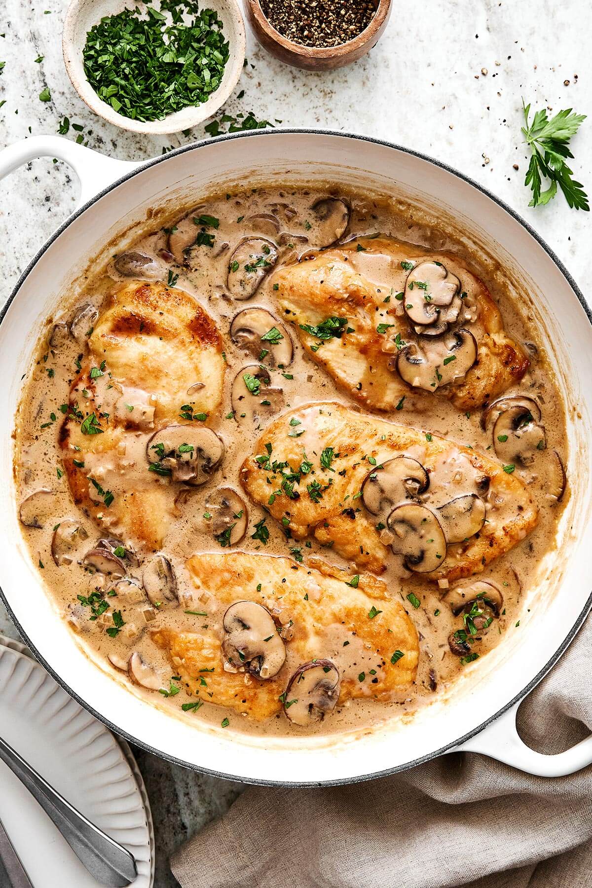 Chicken Marsala in a braiser pan.