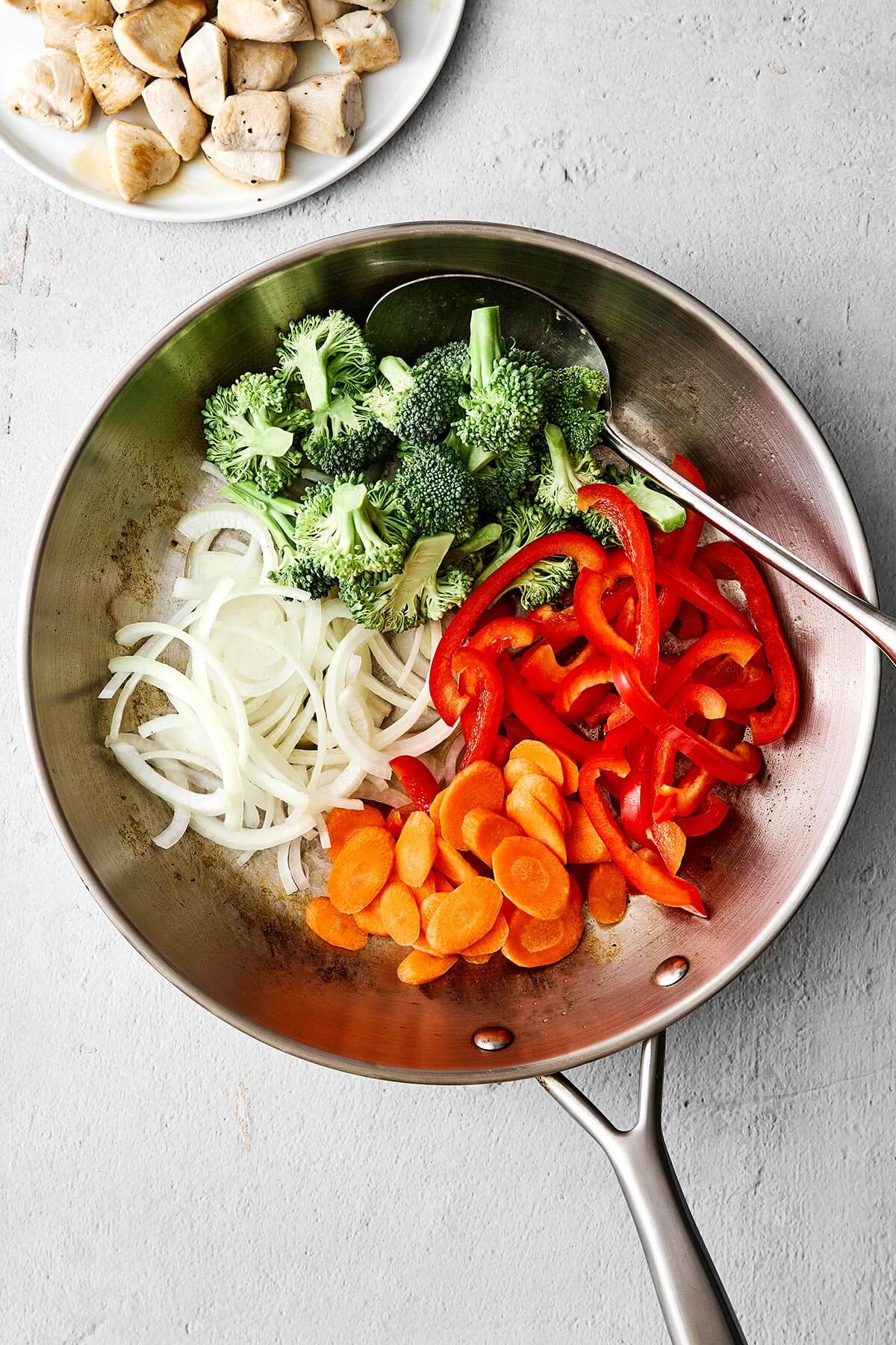 Raw veggies in a pan.
