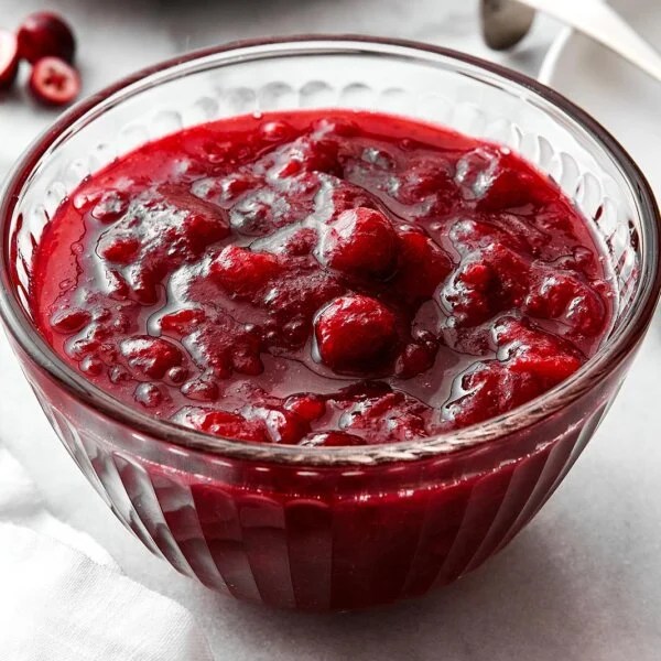 A bowl of homemade cranberry sauce.