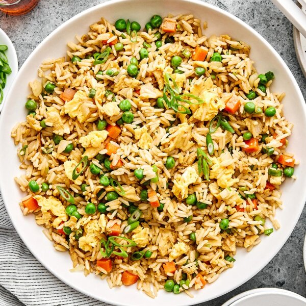 Fried rice in a white bowl.