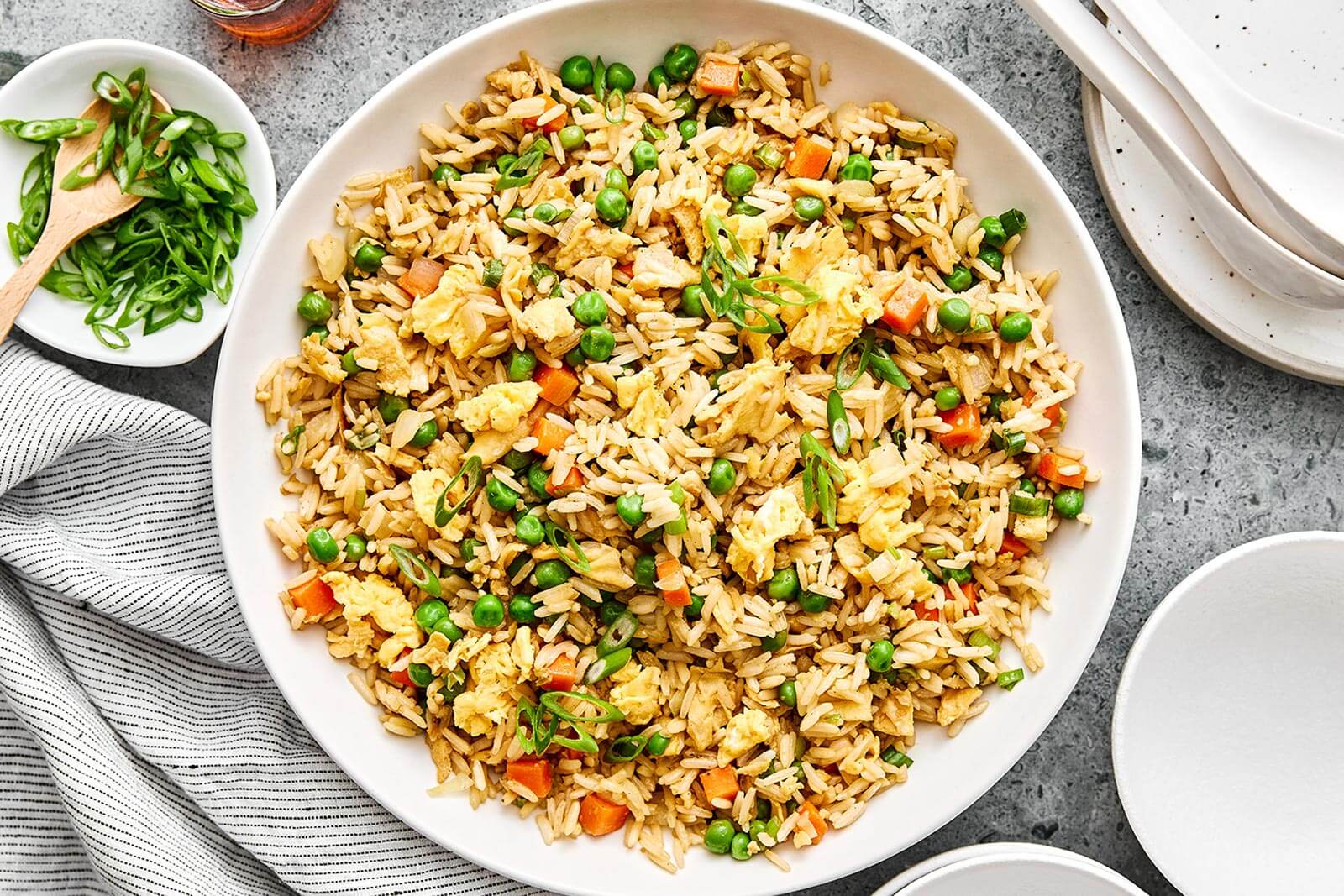 Fried rice in a white bowl.