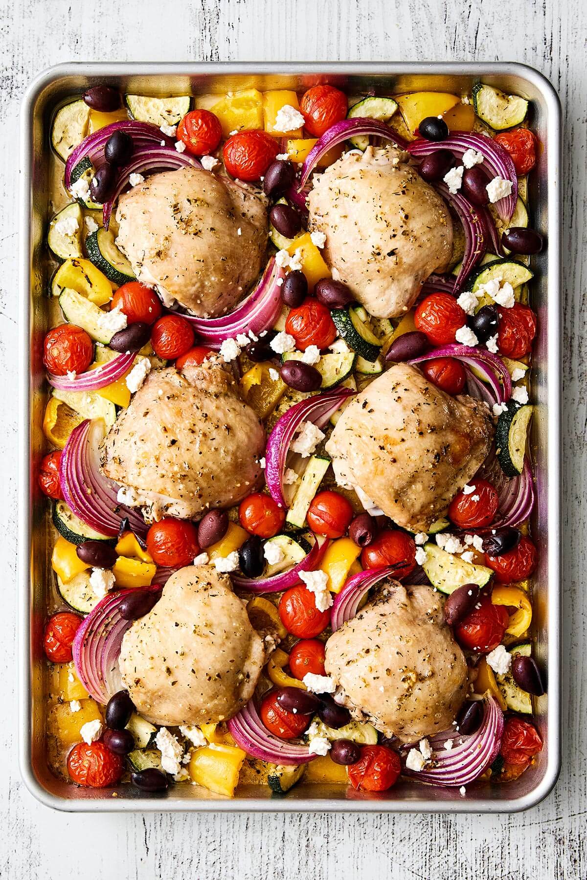 Greek chicken sheet pan dinner.