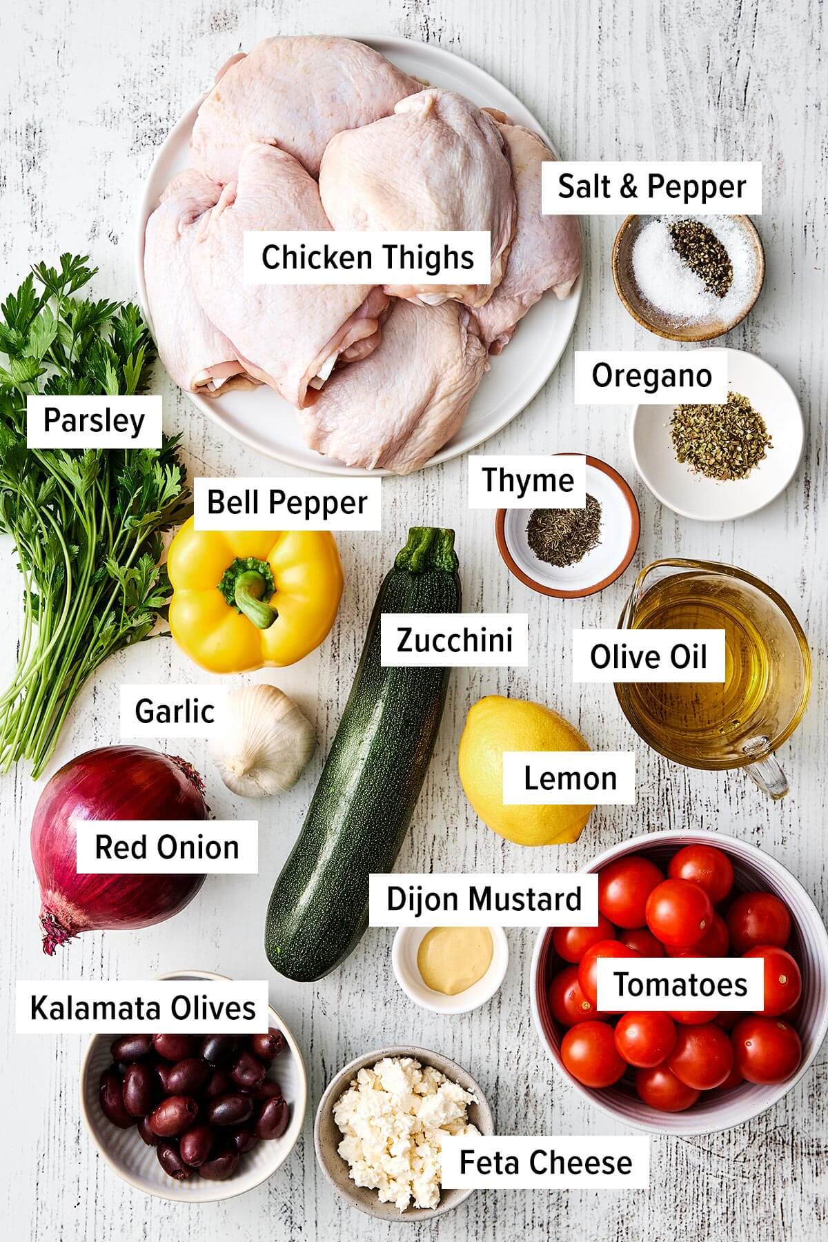 Ingredients for Greek sheet pan chicken.