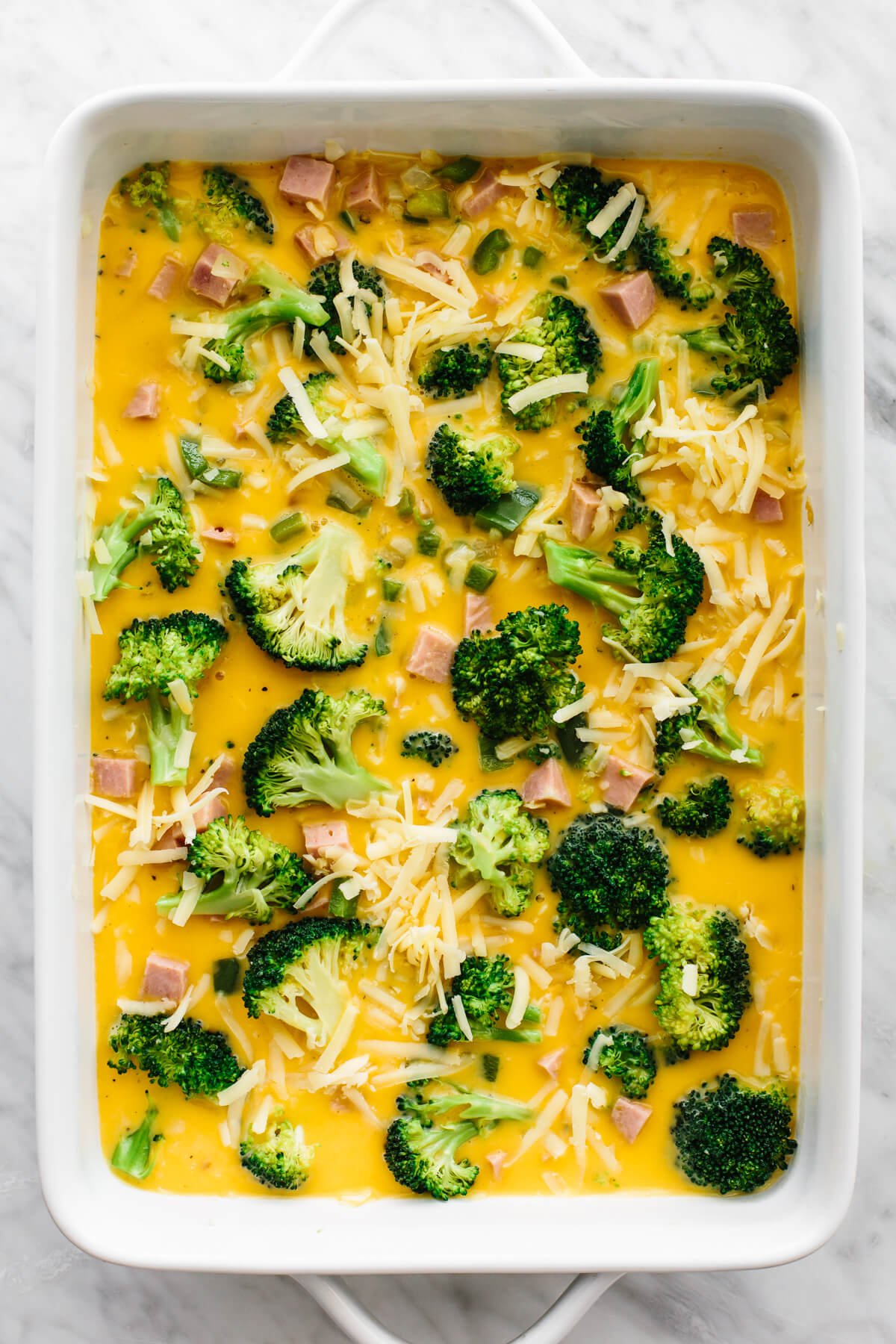 Prepping ham and broccoli breakfast casserole