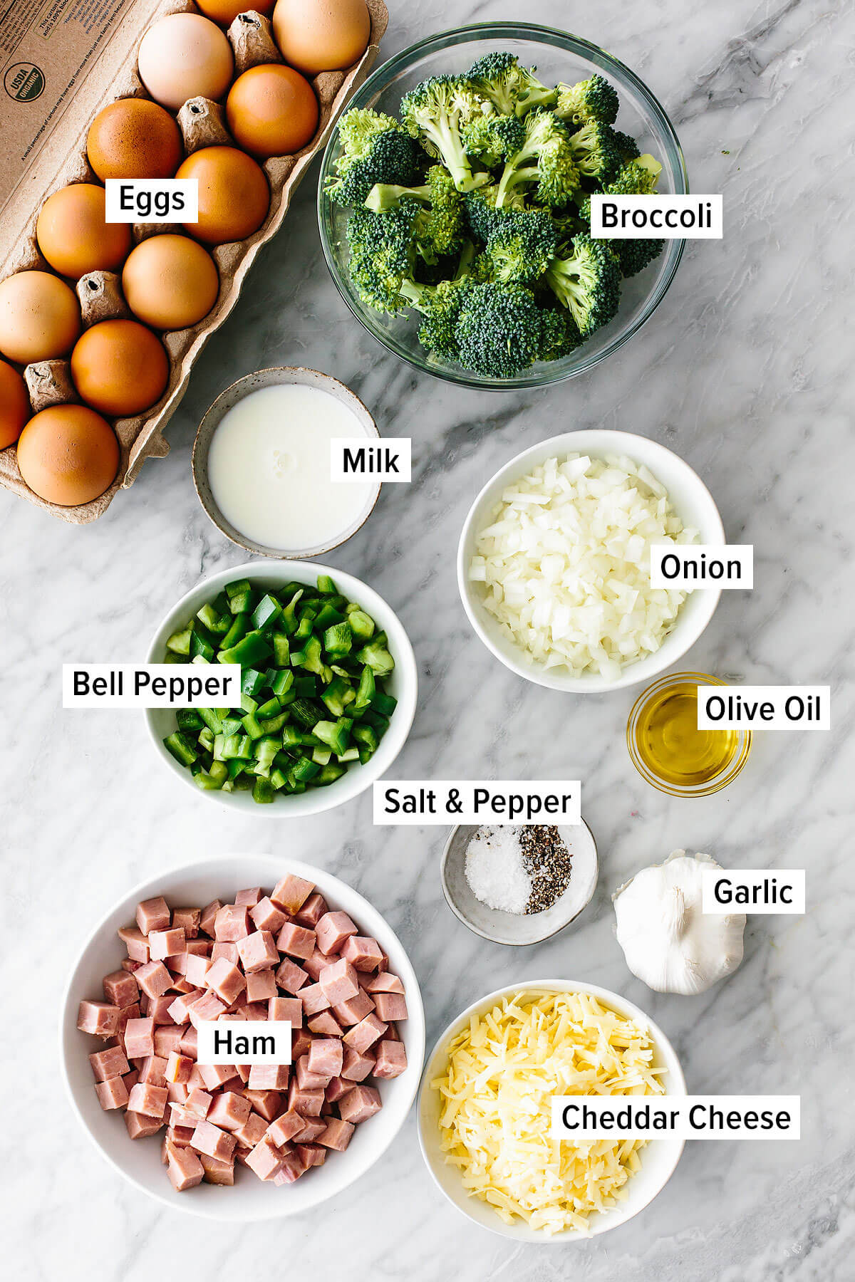 Ingredients for ham and broccoli breakfast casserole