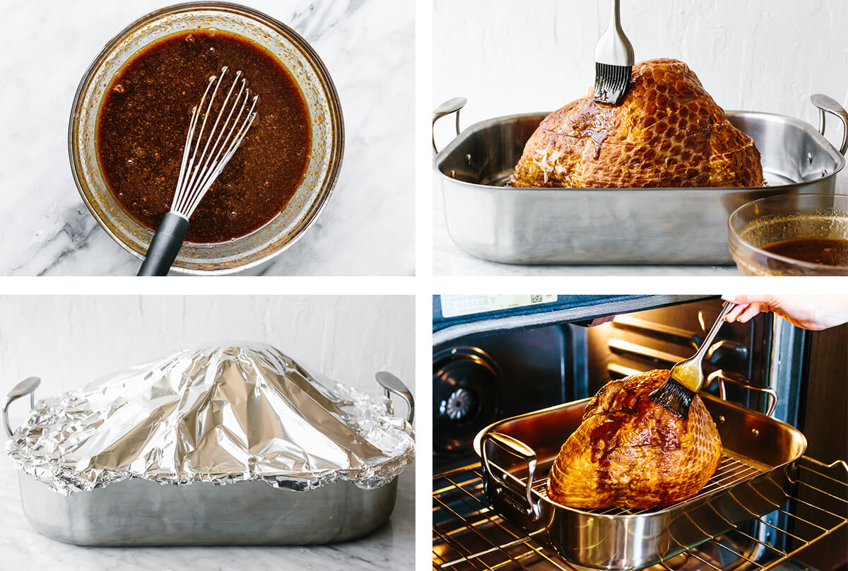 Brushing honey glaze on a honey baked ham