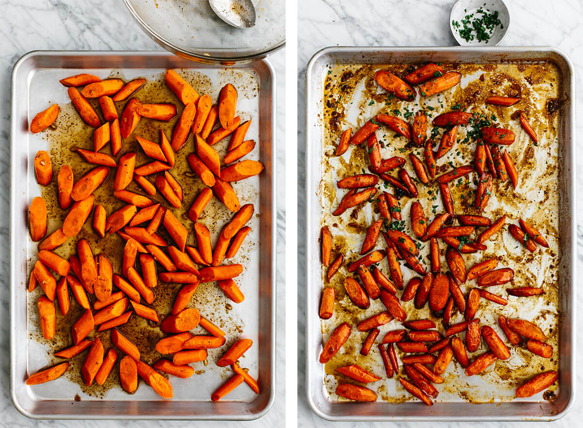 Honey glazed carrots being tossed on a sheet pan.