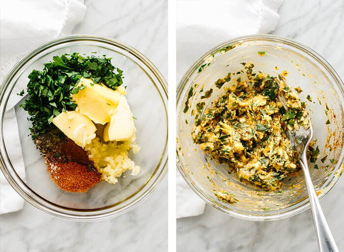 Mixing the garlic herb butter mixture.