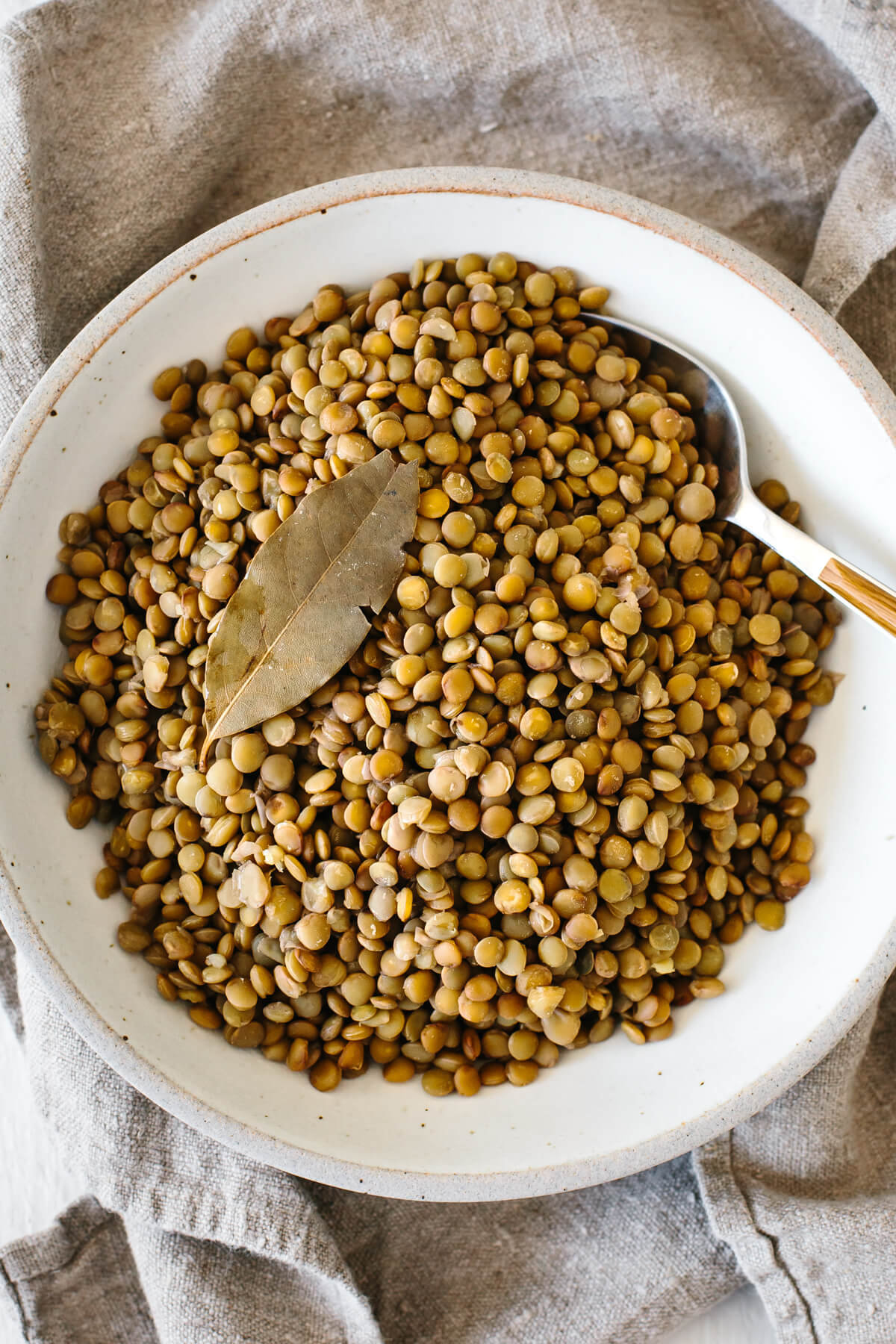 A bowl of cooked lentils with a spoon.