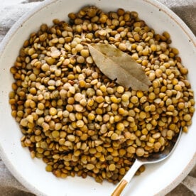 A big bowl of cooked lentils.