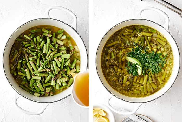 Cooking asparagus soup in a white pot.