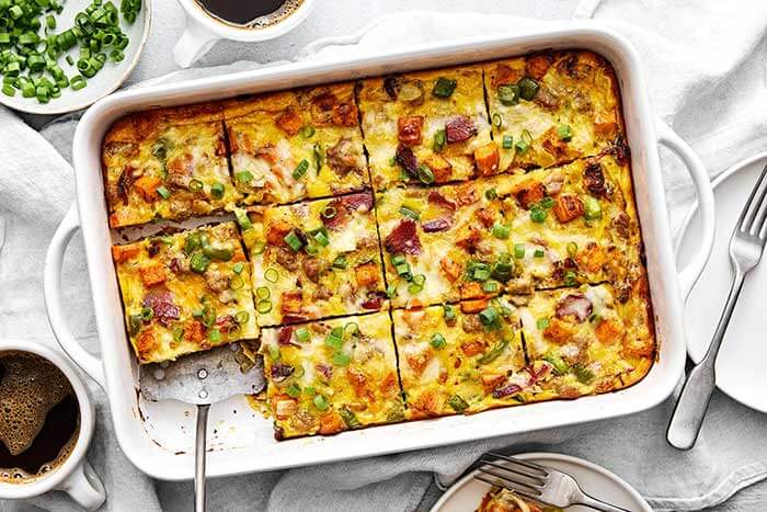 Sliced breakfast casserole.