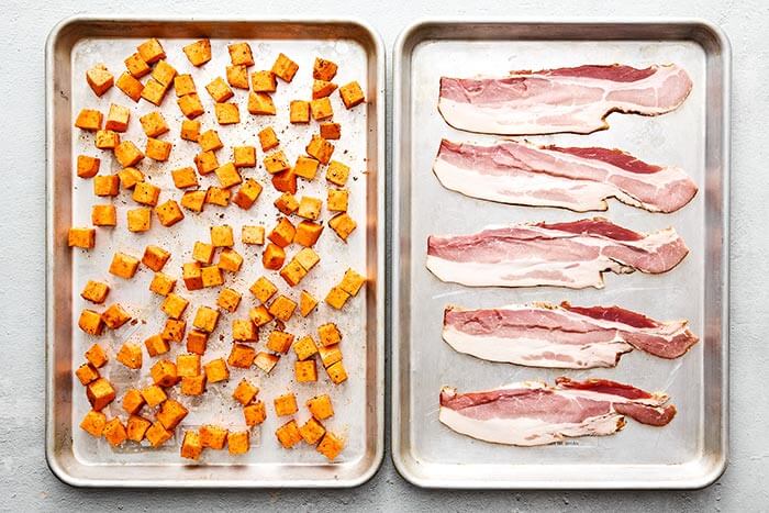 Baked bacon and sweet potatoes.