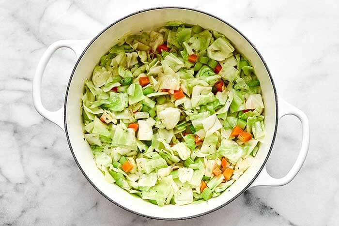 Cooked cabbage in a pot.