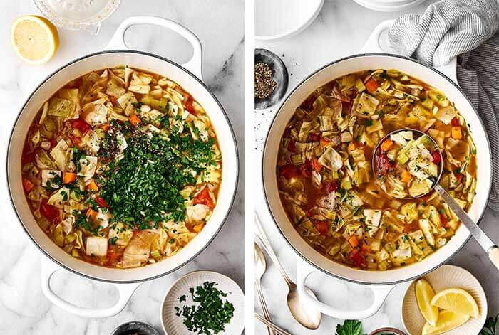 Mixing cabbage soup in a pot.