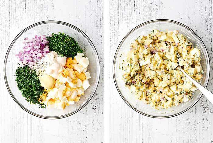 Mixing egg salad in a bowl.