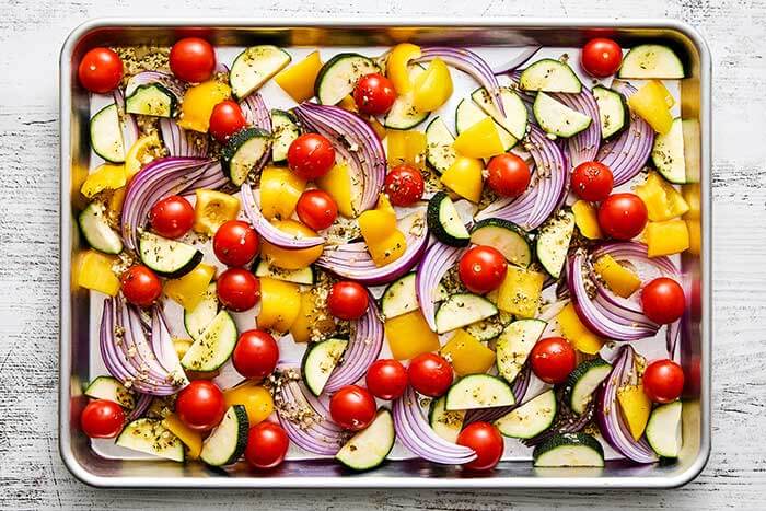 Vegetables on a sheet pan.