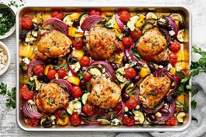 Greek sheet pan chicken dinner.