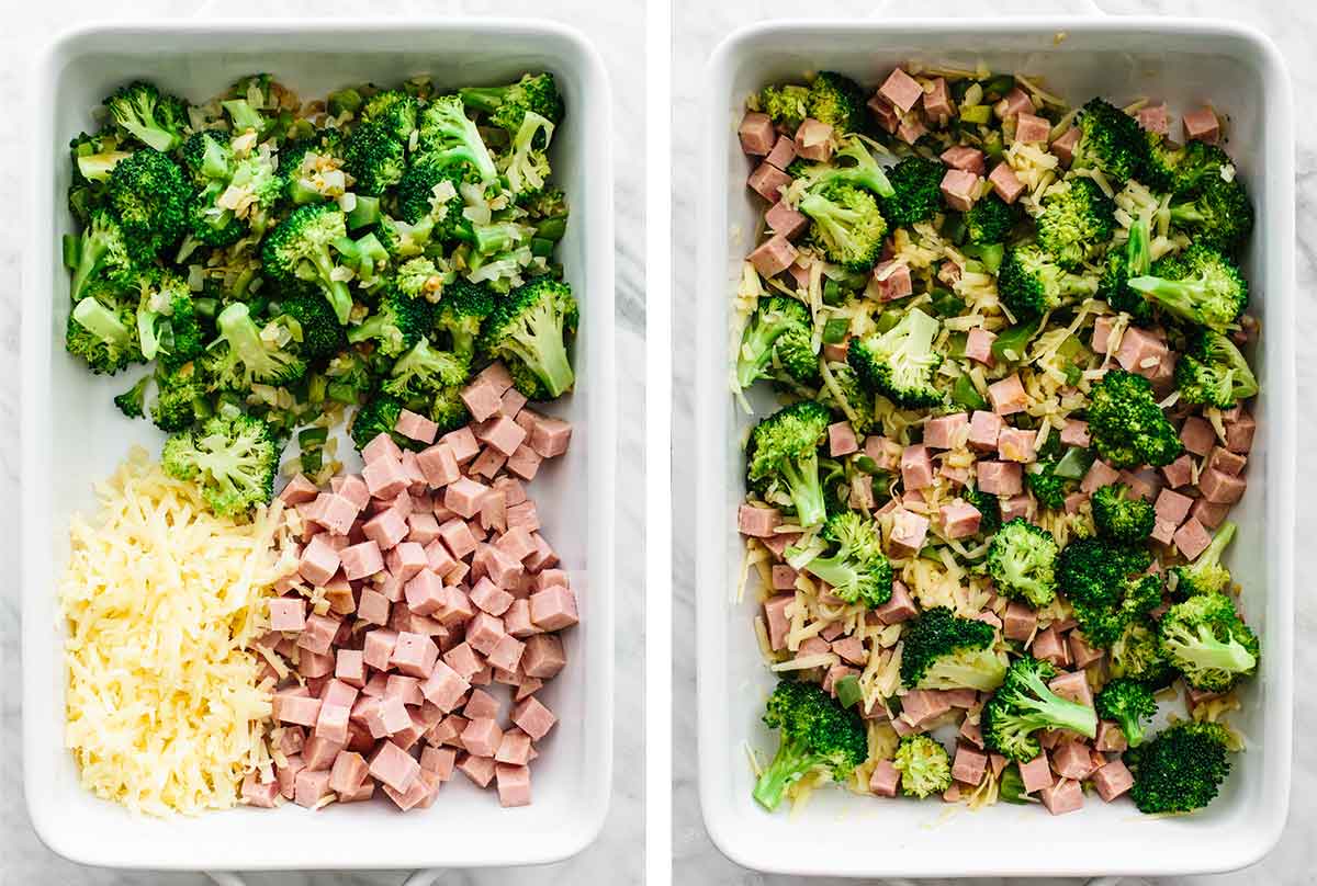 Prepping baking dish with ham and broccoli casserole ingredients