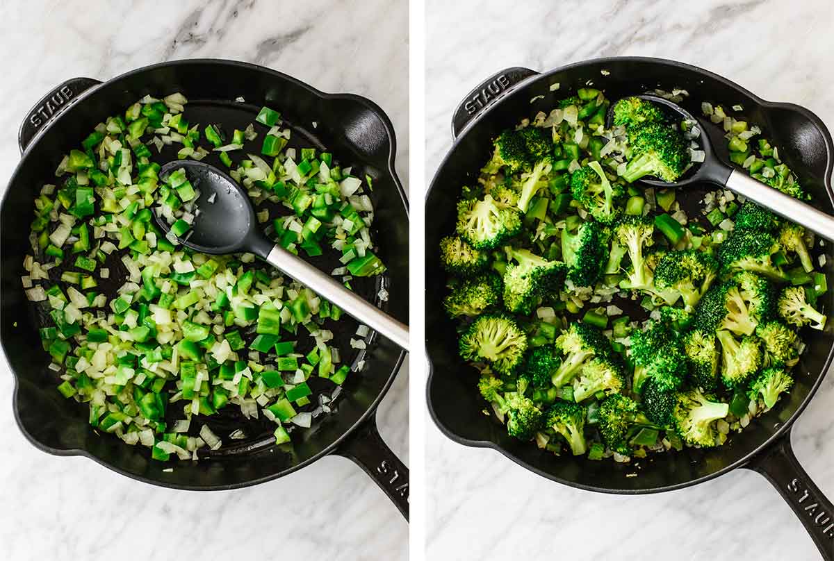 A pan of cooked veggies for ham and broccoli breakfast casserole
