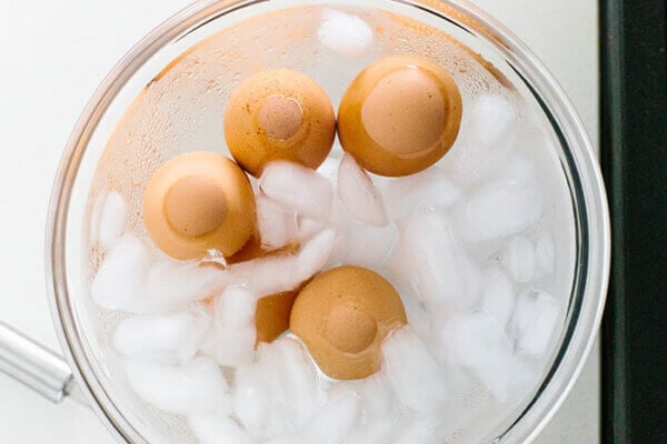 Hard boiled eggs in ice water bath
