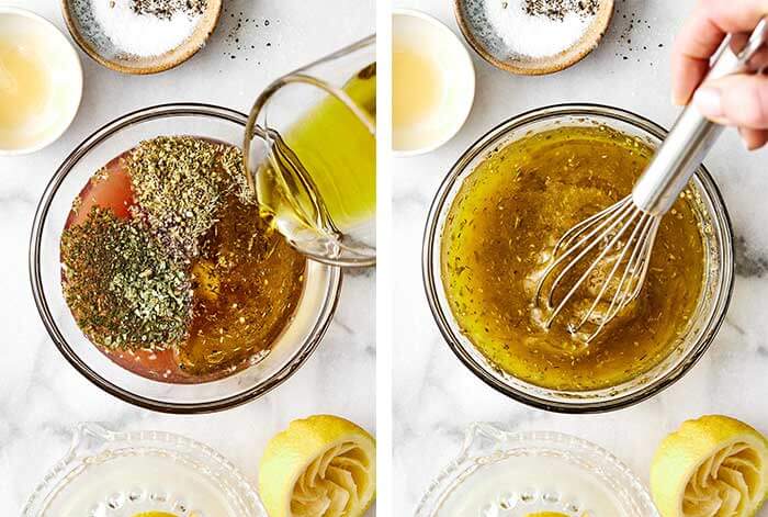 Mixing Italian dressing in a bowl.