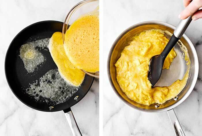 Adding whisked eggs into a pan with butter.