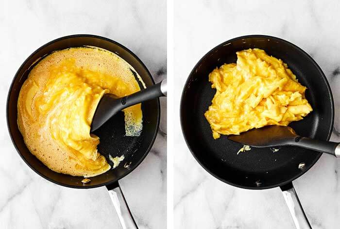 Making scrambled eggs in a pan.