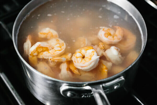 Boiling shrimp in pot for shrimp salad