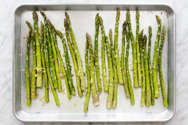 A sheet pan of roasted asparagus