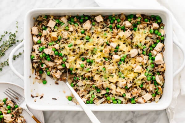 A large pan with turkey casserole on a table.