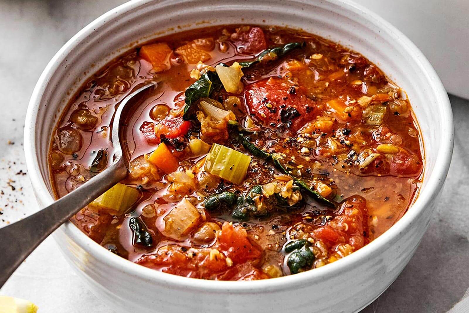 A bowl of Mediterranean lentil soup.