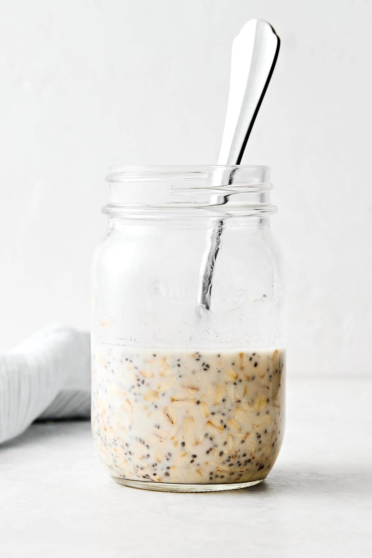 Mixed overnight oats in a jar.