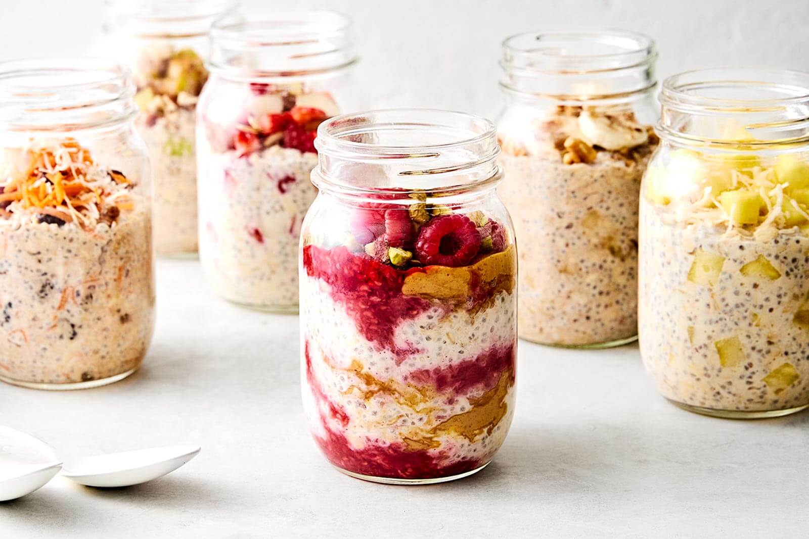 Overnight oats in glass jars.