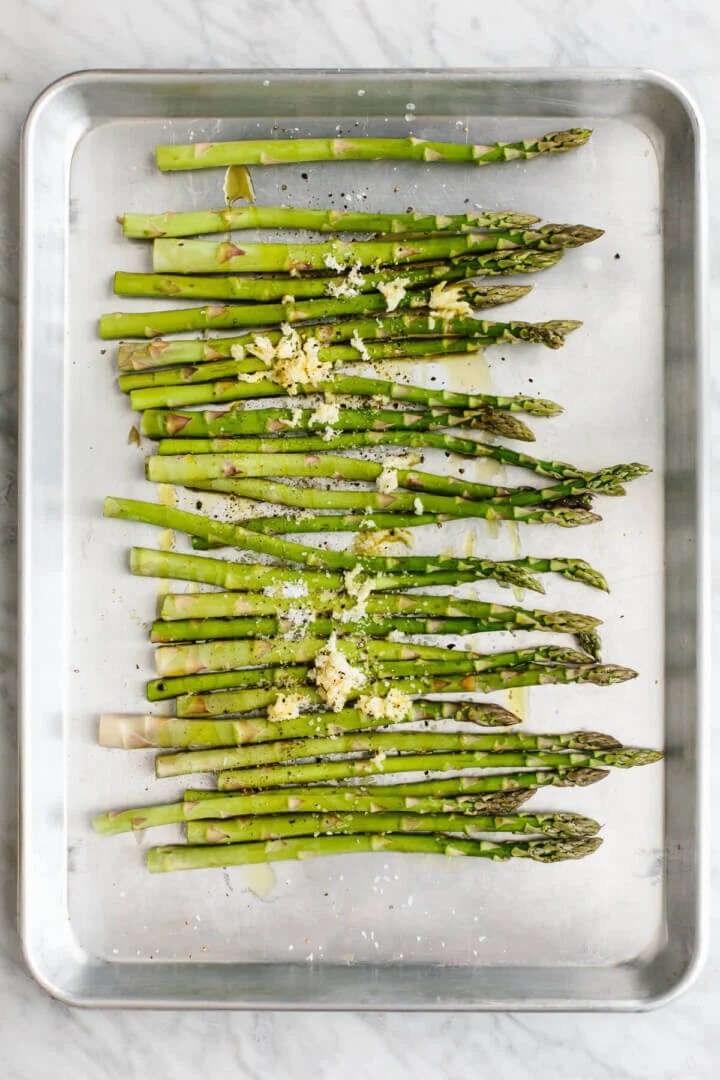 Asparagus on a sheet pan for roasting