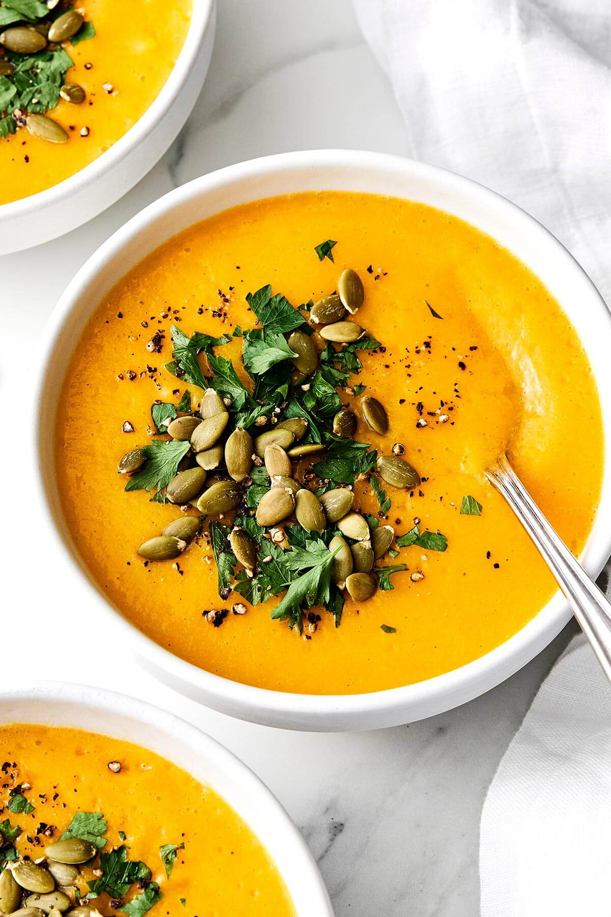 Butternut squash soup in a bowl.