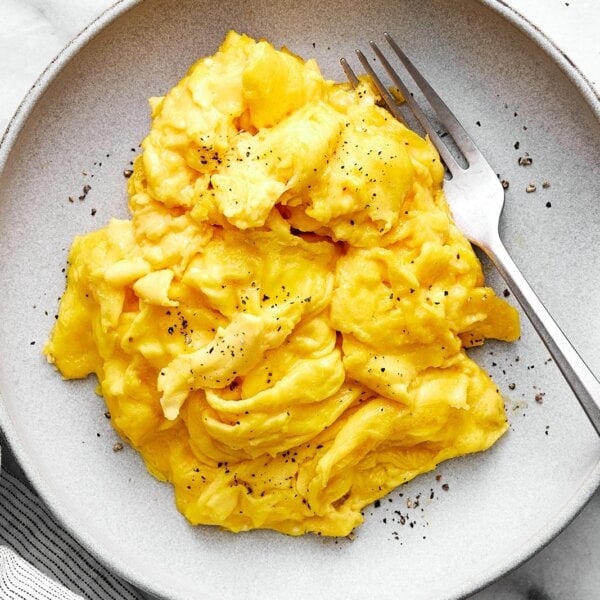 Scrambled eggs on a plate.