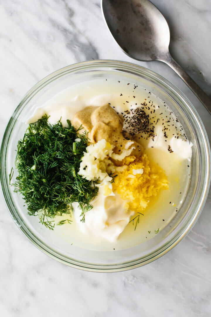 Creamy dressing in a bowl for shrimp salad