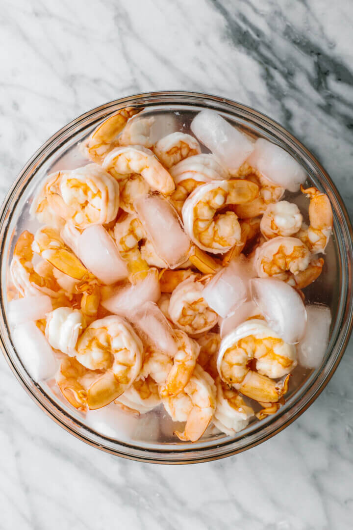 Chilling shrimp in a bowl for shrimp salad